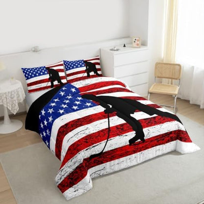 Erosebridal American Flag Comforter Set King, Hockey Bedding Set United States Sports Games Down Comforter for Kids Boys Teens Bedroom, Red White Geometric Stripes Duvet Sets with 2 Pillowcases