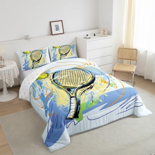 Tennis Sports Comforter Set Toddler Size Watercolor Street Graffiti Bedding Set Bedroom Decor Tennis Racket Quilt Set for Kids Boys Teens Modern Ball Gaming Theme Breathable Duvet Insert 2Pcs