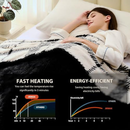 JKMAX Heated Electric Blanket Throw Size - 50"x60" Flannel Heating Blanket with 10 Heating Levels & 5 Time Settings Over-Heat Protection, Winter Warmer for Adults with ETL Certification（Black）