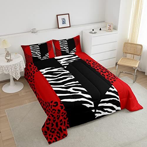 Leopard Zebra Comforter Set King Size,Wild Animals Skin Bedding Set 3pcs for Teens Adults Room Decor,Red Black Geometric Striped Heart Quilt Set Romantic Microfiber Duvet Insert with 2 Pillowcases