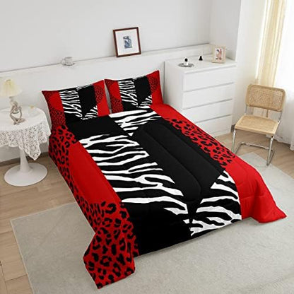 Leopard Zebra Comforter Set King Size,Wild Animals Skin Bedding Set 3pcs for Teens Adults Room Decor,Red Black Geometric Striped Heart Quilt Set Romantic Microfiber Duvet Insert with 2 Pillowcases