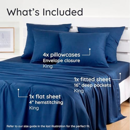 Bambaw King Sheet Set 6pcs – 100% Viscose Derived from Bamboo Sheets, Buttery Soft Bed Sheets, Cooling Sheets for Hot Sleepers, King Bed Sheets with Corner Straps, Fits Up to 16'' (Navy Blue)