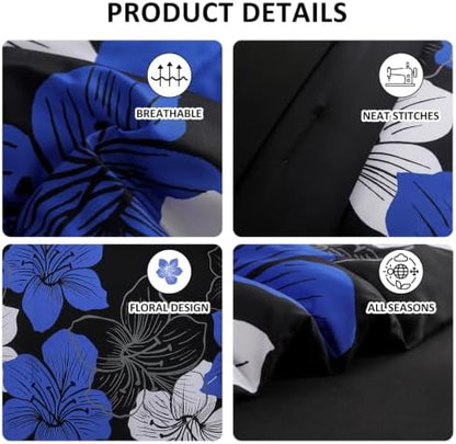 Blue Comforter Set Queen Size, 7 Pieces Floral on Black Bed in a Bag