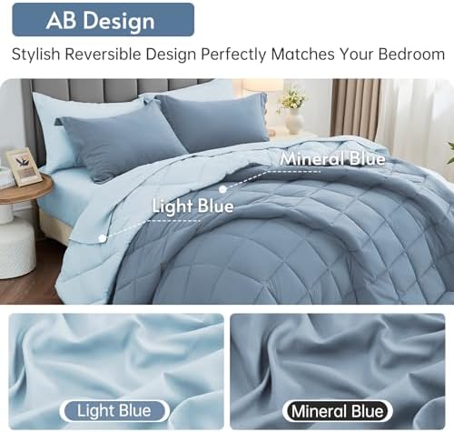MUXHOMO 5 Pieces Twin Comforter Set, Reversible Bed in a Bag Twin Size, All Season Bedding Set with Comforter, Flat Sheet, Fitted Sheet, Pillowcases & Shams, Mineral Blue & Light Blue