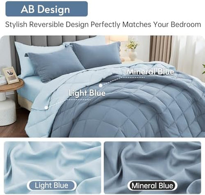 MUXHOMO 5 Pieces Twin Comforter Set, Reversible Bed in a Bag Twin Size, All Season Bedding Set with Comforter, Flat Sheet, Fitted Sheet, Pillowcases & Shams, Mineral Blue & Light Blue