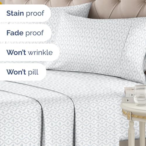 Cal King 4 Piece Floral Sheet Set - Breathable & Cooling - Grey Damask