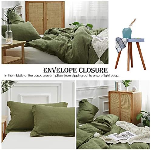 Simple&Opulence 100% Linen Duvet Cover Set 2pcs Basic Style Natural French Washed Flax Solid Color Soft Breathable Farmhouse Bedding with Button Closure - Olive Green, Twin