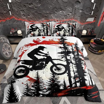 Feelyou Motocross Comforter Set All Season Red Splatter Elements Bedding Set with 1 Pillow Cases Dirt Bike Microfiber Kids Toddler Bedclothes Motorbike Bedroom Decor Dynamic Racing Scene Duvet Quilt
