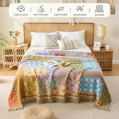 VANJOROY Boho Throw Blanket, 100% Organic Cotton Breathable Skin-Friendly Ultra Soft 60" x 80" Bed Quilt Patchwork Throw - Floral Rustic Luxury Reversible Blanket for Sofa Couch Chair and Gift,