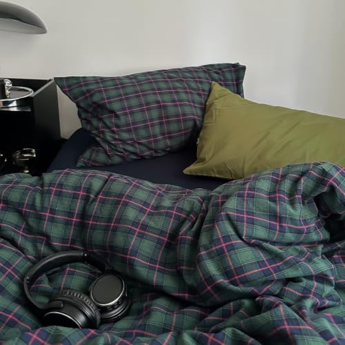 mixinni Vintage Forest Green Buffalo Plaid Duvet Cover Set Twin Size - 3 Piece Mid-Century Washed Cotton Grid Bedding, Retro Breathable Comforter Cover with 2 Matching Pillowcases for All Season