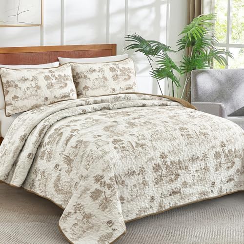 Drucon Khaki Quilt Set Queen Size, Toile Farmhouse Bedspreads, 3 Pieces Rustic Village Landscape Printed Coverlet, Soft Microfiber Quilt Bedding Set for All Season (96x90 Inch)