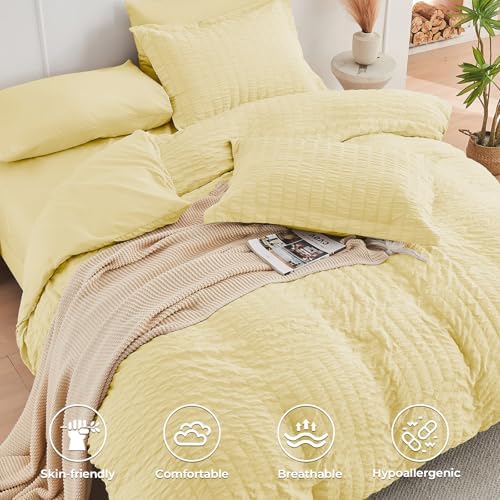 HYMOKEGE Yellow Queen Comforter Set Seersucker 7 Pieces, All Season Luxury Bed in a Bag Queen for Bedroom, Bedding Set with Comforter, Sheets, Pillowcases & Shams