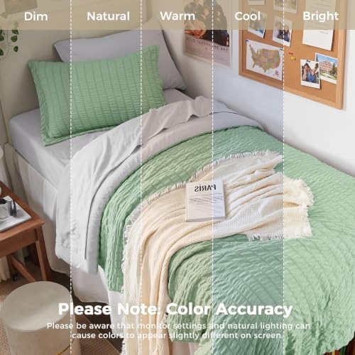 HYMOKEGE Sage Green/Light Grey Twin XL Comforter Set Seersucker 5 Pieces, All Season Luxury Bed in a Bag for Bedroom, Bedding Set with Comforter, Sheets, Pillowcase & Sham