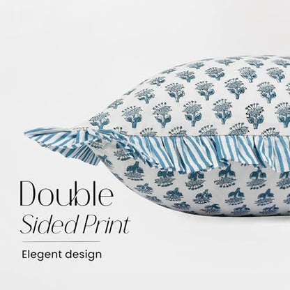 CPC Block Print Apatite Blue Ruffle Cotton Lumbar Pillow Cover 14x36 inch