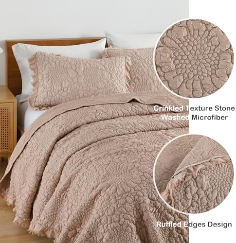 HORIMOTE HOME Pinkish Grey Ruffled Quilt King Size, Stone-Washed Lightweight Crinkled Farmhouse Rustic Shabby Chic Bedding Set, 3 Pieces Reversible Bedspread with Pillow Shams for All Season