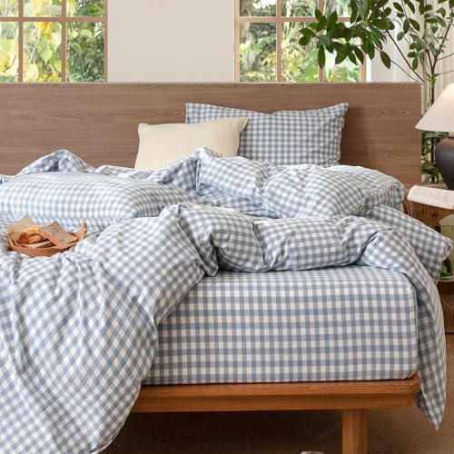 MooMee Gingham Duvet Cover Set 100% Washed Cotton Linen Like