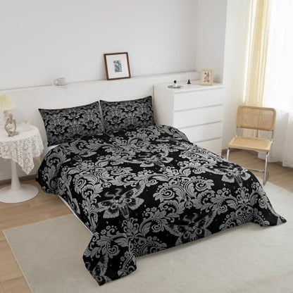 Feelyou White Black Gothic Damask Floral Comforter Set Full Bedding Set