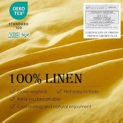 Simple&Opulence 100% Linen Duvet Cover Set 3pcs Basic Style Natural French Washed Flax Solid Color Soft Breathable Farmhouse Bedding with Button Closure - Mustard Yellow, King