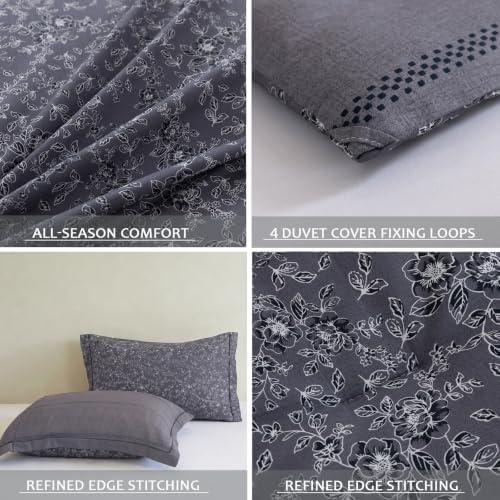 Queen Comforter Set 3 Pieces, 100% Cotton Botanical Charcoal Floral Bedding Set for All‑Season, Soft Hypoallergenic Comforter with 2 Pillow Shams