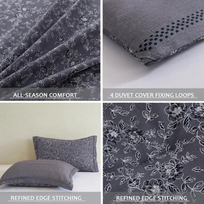 King Comforter Set 3 Pieces, 100% Cotton Charcoal Botanical Floral Bedding Set for All‑Season, Soft Reversible Comforter with 2 Pillow Shams