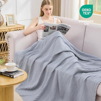 EMME Muslin Blankets for Adults Throw Blanket for Couch Breathable Gauze Soft Lightweight Airy Dusty Blue Throw 50" x 60"