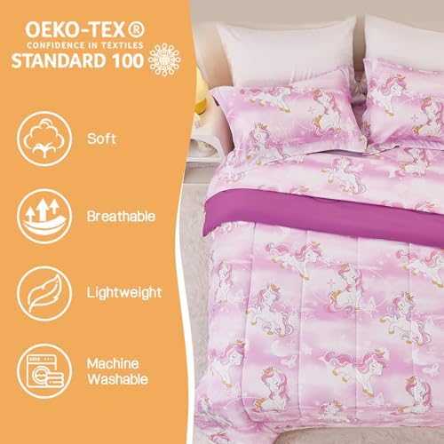 Yibeizi Unicorn Kids Comforter Set for Girls Full Lavender Bedding