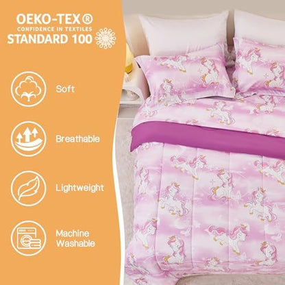 Yibeizi Unicorn Kids Comforter Set for Girls Full Lavender Bedding