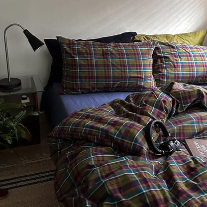 Vintage Multicolor Plaid Duvet Cover Twin XL, 3 Piece Retro Buffalo Plaid Checkered Comforter Cover, 100% Washed Cotton Soft Breathable Duvet Cover with 2 Pillowcases Farmhouse Grid Bedding Set