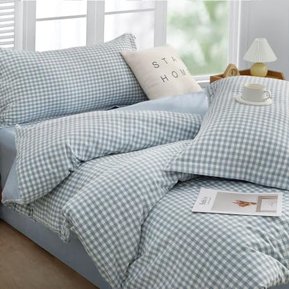 SAPHREAS Geometric Blue Plaid Duvet Cover Set 3pcs 100% Washed Cotton Soft Light Blue Grid Bedding Comforter Cover 1 Duvet Cover 2 Pillow Shams, Comforter Not Included