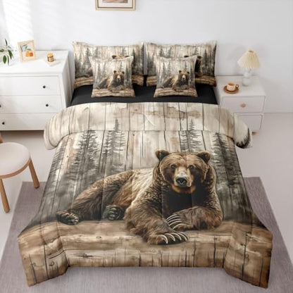 Erosebridal Brown Bear King Comforter Set with Sheets 7 Piece Rustic Farmhouse Cabin Bed in A Bag Country Hunting Wildlife Bedding Sets for Teens Teenager Forest Wild Animal Bed Set