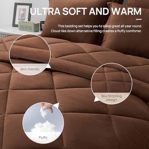 Love's cabin Oversized Queen Comforter Set, 7 Pieces Bed in a Bag, All Season Bedding Sets with 1 Comforter, 1 Flat Sheet, 1 Fitted Sheet, 2 Pillowcase and 2 Pillow Sham, Brown