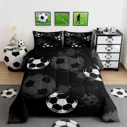 Castle Fairy Soccer Bedding Toddler Size Football Comforter Sets for Boys Sports Ball Game Themed Room Decor Kids Teens Black Grey Microfiber All-Season Down Comforter 2 Piece with 1 Pillow Sham