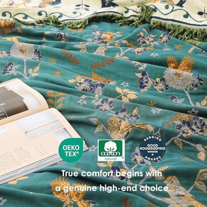 VANJOROY Boho 100% Organic Cotton Muslin Throw Blanket 50" x 60" - All Season Rustic Ultra Soft Breathable Floral Bird Blanket for Bed Sofa Couch Chair Bedspread Quilt Gift-Teal/Beige