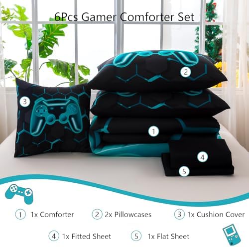 Gamer Queen Comforter Set with Sheets 6Pcs Teal Gaming Boys Bedding Set Lake Blue 3D Game Console Bed in A Bag Gamepad Print Honeycomb Bedding Collection for Bedroom (Teal, Queen)