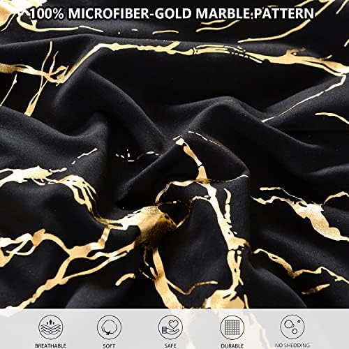 Yogeneg Gold Metallic Marble Comforter Set Queen Size,7 Piece Bed in a Bag,Foil Print Glitter Black Comforter and Sheet Set,All Season Soft Microfiber Complete Bedding Sets(Black,Queen)