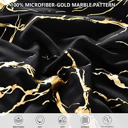 Yogeneg Gold Metallic Marble Comforter Set Queen Size,7 Piece Bed in a Bag,Foil Print Glitter Black Comforter and Sheet Set,All Season Soft Microfiber Complete Bedding Sets(Black,Queen)
