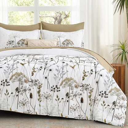 Yiran Khaki Floral Comforter Set King Size, 7 Piece Dandelion Botanical Plant Comforter Bedding Set, Bed in a Bag King, Soft Microfiber Complete Bedding Set with Sheets for All Season