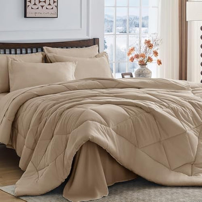 HEVUMYI 7-Piece California King Comforter Set, Khaki Bed in a Bag