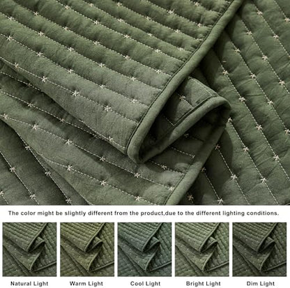WDCOZY Olive Green Cross Stitch California Cal King Size Quilt Set, Oversized Striped Lightweight Soft Bedspread, Channel Farmhouse Rustic Coverlet, All Season Country Bedding, Thin Comforter