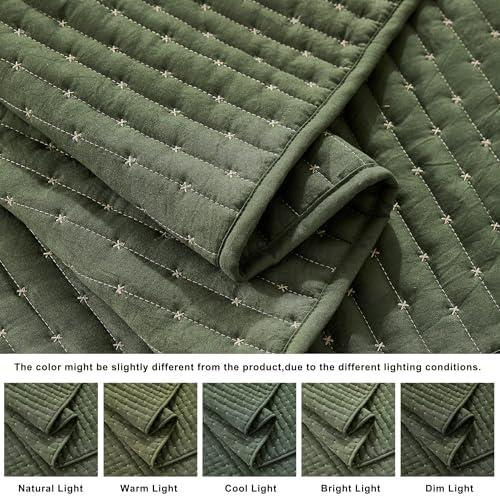 WDCOZY Olive Green Cross Stitch Twin Size Quilt Set, Striped Lightweight Soft Bedspread, Channel Farmhouse Rustic Coverlet, All Season Country Bedding, Thin Comforter
