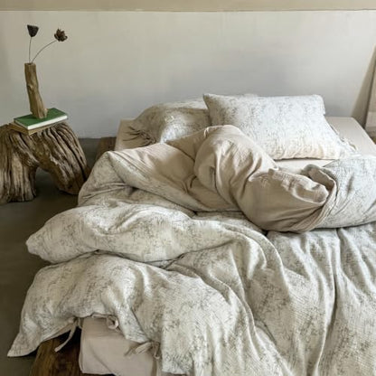 VM VOUGEMARKET Double Gauze Crinkled Cotton Duvet Cover Set Queen,Rustic Beige Ink Bamboo Botanical Print Duvet Cover with Romantic Bow Ties