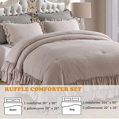 Masaca Shabby Ruffled King Comforter Set,Farmhouse Taupe Bedding Comforter Lightweight Ultra Soft Vintage Rustic Microfiber Bedding 3pc (1 Ruffle Comforter and 2 Pillowcases)