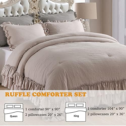 Masaca Taupe Ruffled Comforter Set for Queen Bed,3 Pieces Vintage Farmhouse Shabby Bedding Set Lightweight Ultra Soft French Country Bedding (1 Farmhouse Comforter +2 Pillowcases)