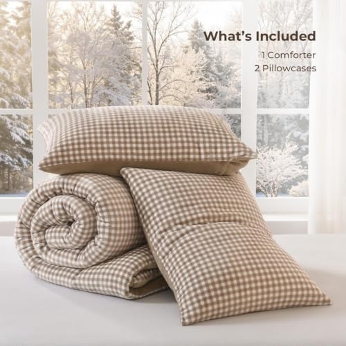 Litanika Velvet Flannel Gingham Comforter Set Queen, 3 Pcs Tan Blanket