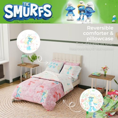 The Smurfs Smurfette Full Bedding Set – 7 Piece Kids Super Soft Microfiber Reversible Comforter & Sheet Set - Pink, (Officially Licensed Product) by Franco