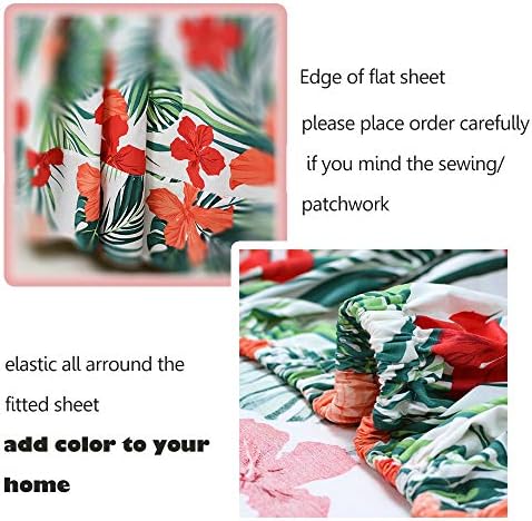 FADFAY Hawaiian Bedding Sheet Set Tropical Red Hibiscus Palm Leaves 100% Cotton Hypoallergenic Deep Pocket Fitted Sheet 4-Pieces Full Size