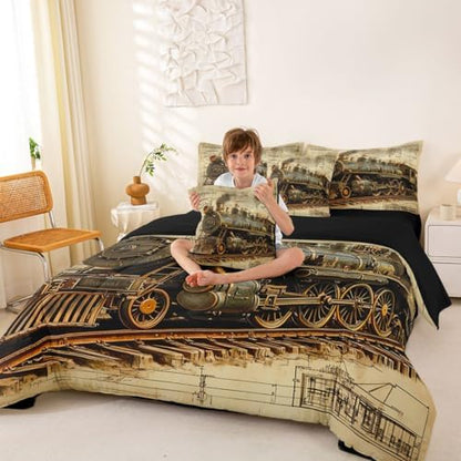 Erosebridal 7 Pieces Vintage Steam Train Bed in A Bag Twin Retro Train Comforter Set with Sheets Transportation Vehicle Bedding Set for Kids Boys Teens Men Steampunk Industrial Aesthetic Bed Sets