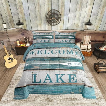 Lake House Comforter Set Queen Size, Rustic Cabin Farmhouse Style Bedding Set 3pcs, Blue Grey Wooden Plank Down Comforter for Women Adults Room Decor, Country Lake Life Luxury Bed Set for All Season