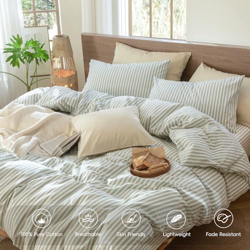 MooMee Striped Duvet Cover Set 100% Washed Cotton Linen Like Cal King