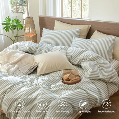 MooMee Striped Duvet Cover Set 100% Washed Cotton Linen Like King